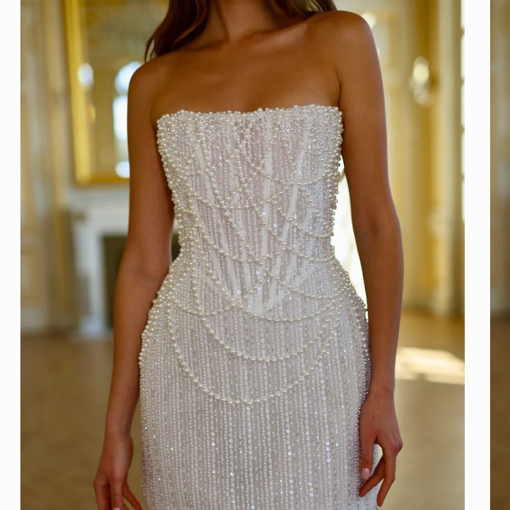 Strapless Ivory Pearl-Beaded Evening Dress